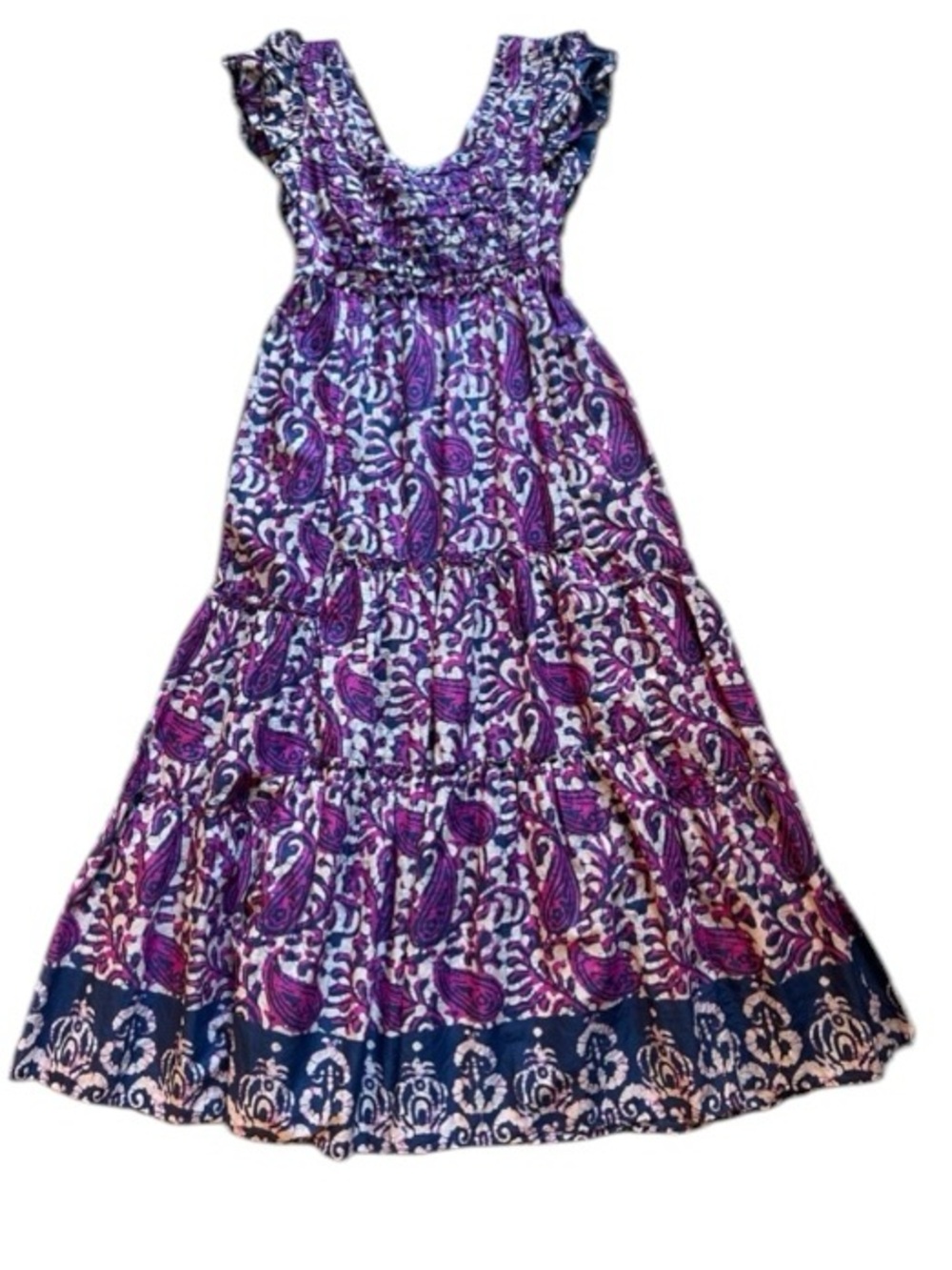House of Harlow 1960 maxi dress Pink
& Blue Tiered Ruffle Cap Sleeves Pockets XL
